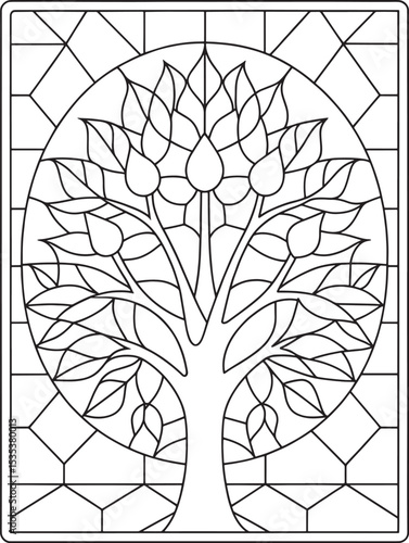 Elegant tree of life window art coloring page in stained glass