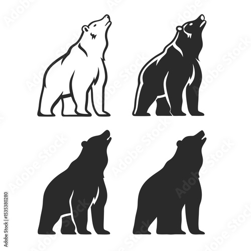 Stylized vector illustrations of bears in different styles looking upward in a monochromatic design