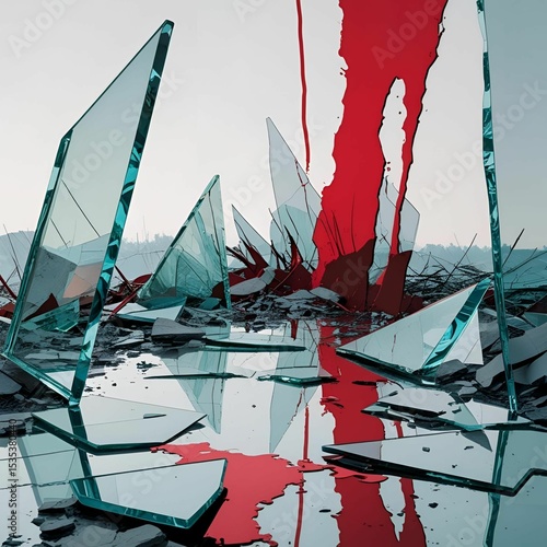 Shattered glass pieces and blood representing violence, trauma and destruction of war