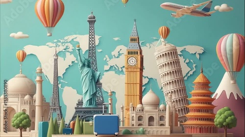 World landmarks and travel destinations on the map, traveling around the world