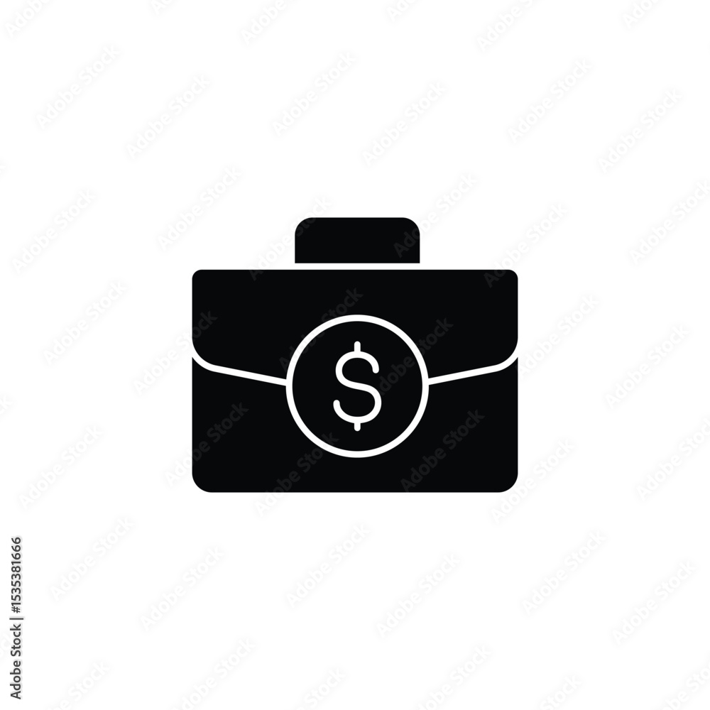 Black briefcase icon with dollar sign. Represents finance, investments, and wealth. Black briefcase icon with dollar sign. Represents finance, investments, and wealth.