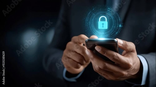 Man uses mobile phone for secure online banking transaction in Office