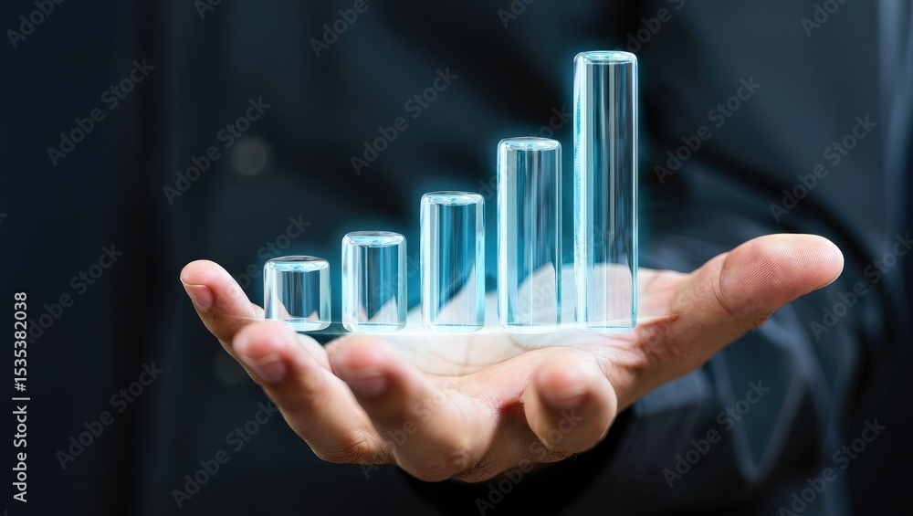 Hand Holding Ascending Cyan Glass Bar Graph chart growth Hand Holding Ascending Cyan Glass Bar Graph chart growth