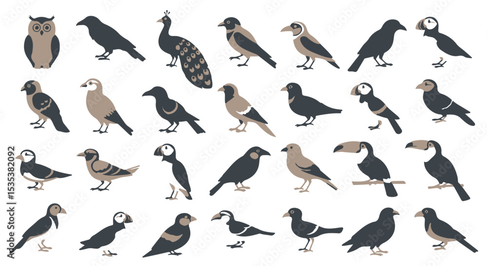 A striking collection of flying bird silhouettes, including ducks, pigeons, and sparrows, beautifully illustrates the wild grace of nature in winter A striking collection of flying bird silhouettes, including ducks, pigeons, and sparrows, beautifully illustrates the wild grace of nature in winter