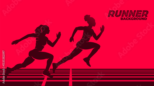 Women sprinter in the running track silhouette illustration background vector, athletics sports banner with copy space for run events