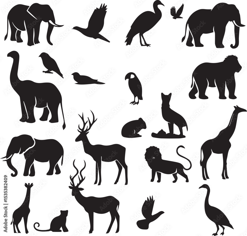 Fototapeta premium set of animals and birds silhouettes