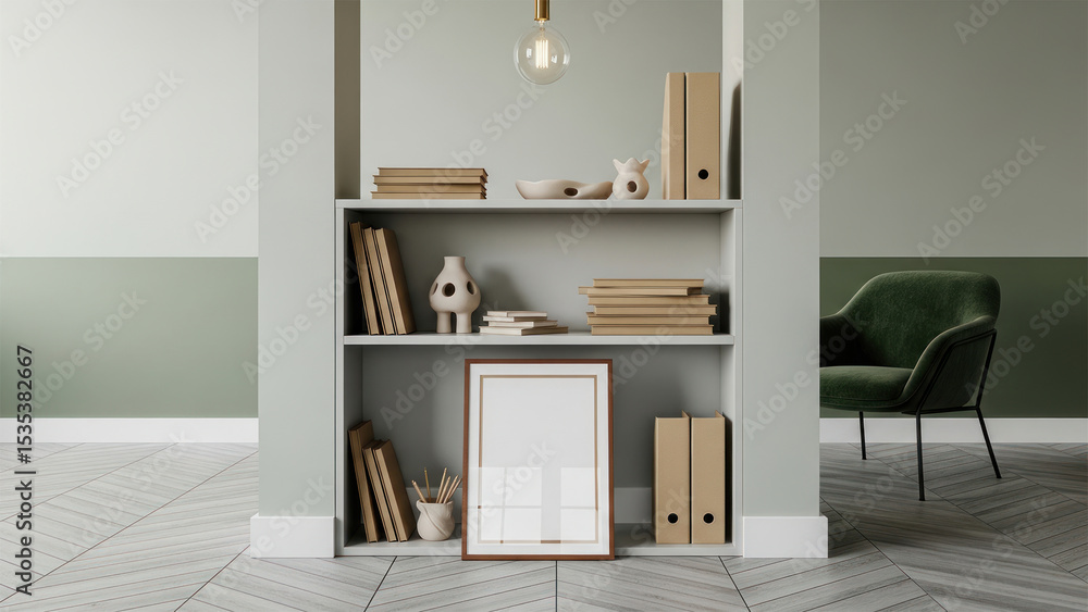 Fototapeta premium Mockup poster frame in minimalist bookshelf interior with neutral decor and green accent chair