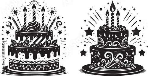 birthday cake with candles black vector silhouette 