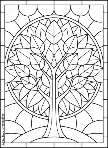 Stained glass tree of life coloring page design for adults