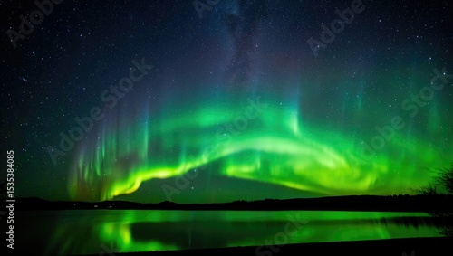 Wallpaper Mural Vibrant Green Aurora Borealis over Calm Lake at Night Torontodigital.ca