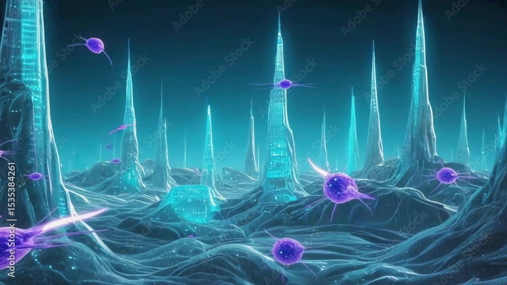 Inside human gut, immune cells beneficial bacteria glowing alien ...
