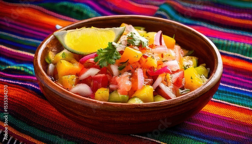 Fresh, colorful Peruvian ceviche served in handmade bowl, garnished with lime and herbs, set against vibrant Andean textiles