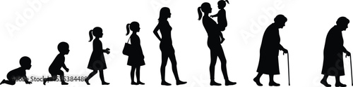 Woman life cycle silhouette, baby to elderly stages, female growth journey, childhood to motherhood, old age timeline, evolution of woman, age process vector illustration