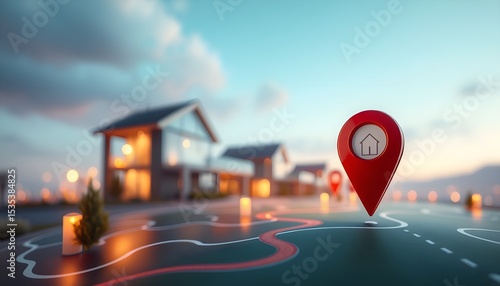 Red house pin on map leading to modern homes at dusk real estate concept
