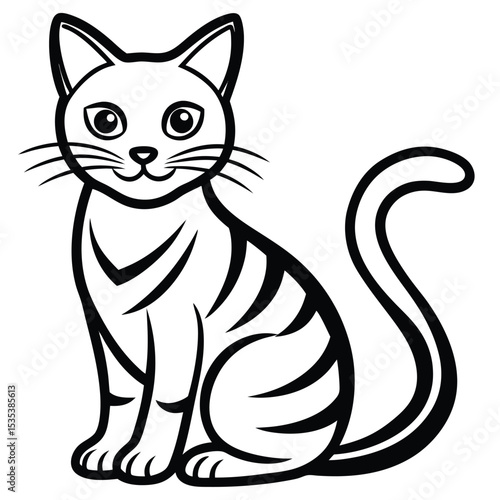 Adorable black and white cartoon cat sitting with a smiling face and simple design