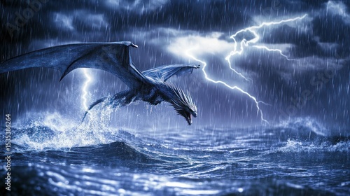 Majestic dragon soars over tempestuous ocean, amidst lightning and heavy rain