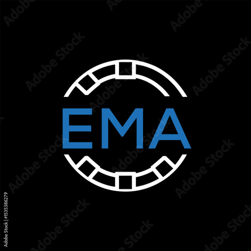 EMA Modern Tech Logo, Design – EMA Later Logo,  Futuristic Blue and White Circular Emblem on Black Background.
