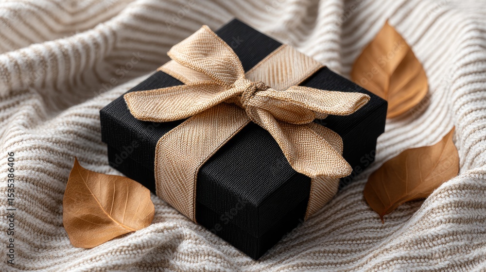 Black gift box with gold ribbon on a beige knitted fabric. Black gift box with gold ribbon on a beige knitted fabric.