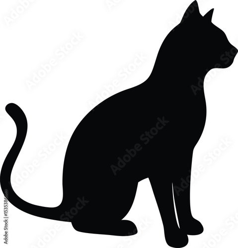 Black cat silhouette sitting calmly on white background perfect for design elements