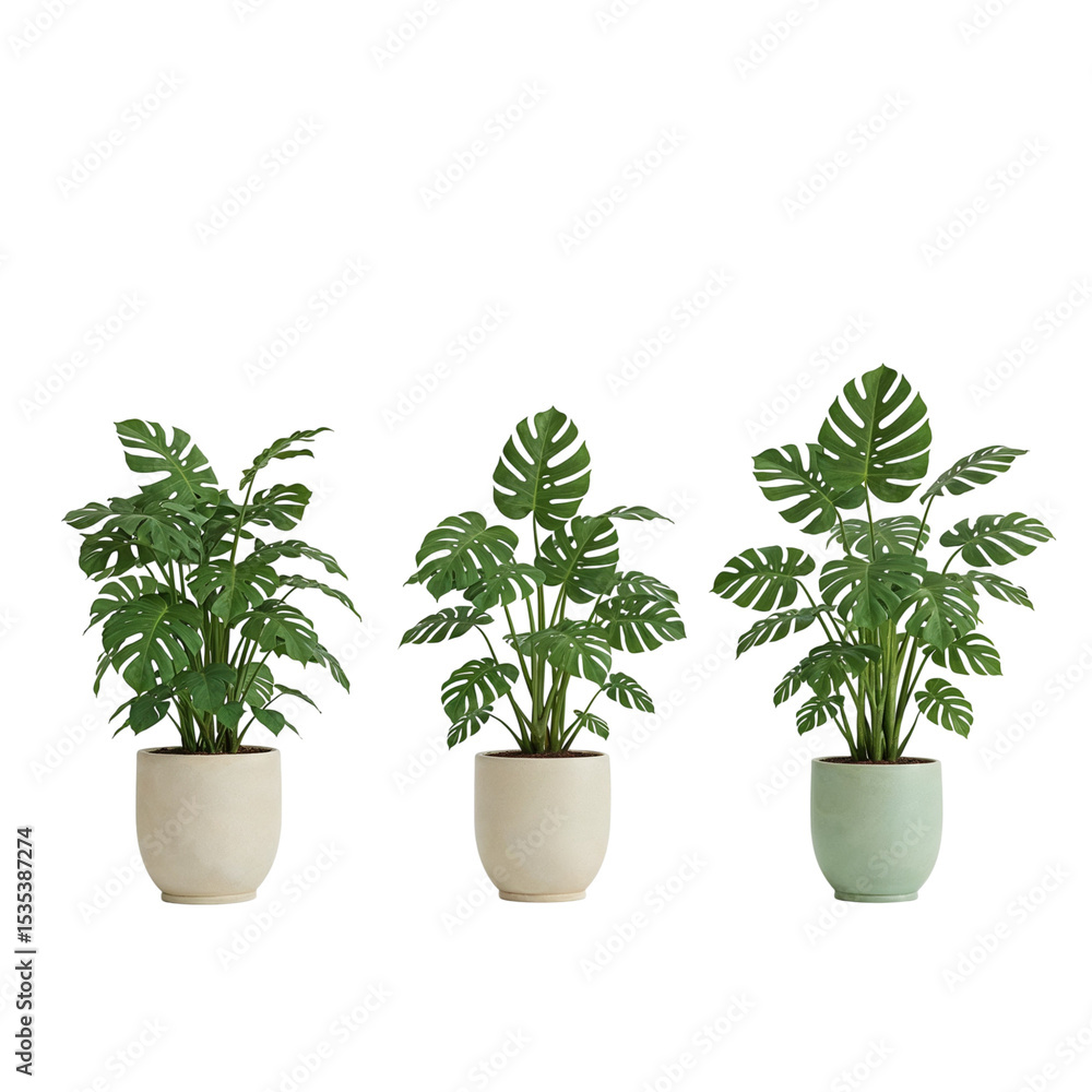 Fototapeta premium Three monstera plants in pots isolated on transparent background