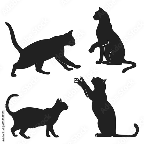 Black cat silhouettes in different poses depicting playfulness and feline behavior on white background.