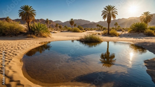 Wallpaper Mural Serene Oasis: Witness a tranquil desert oasis, a mirage of shimmering water reflects the towering palm trees and clear sky. The scene captures the breathtaking beauty and serenity of the landscape. Torontodigital.ca