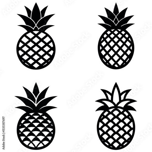 Four Black and White Pineapple Icons with Differing Top and Texture Designs Set