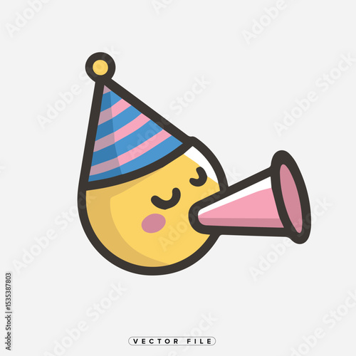 Cute Celebration Icon of a Party Blower Wearing a Striped Party Hat with Pom Pom