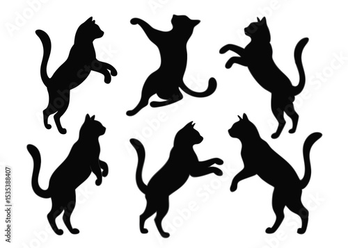 Black cat silhouettes in various poses representing playful actions and natural movements