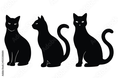 Black cat silhouettes sitting in different poses on a white background vector illustration