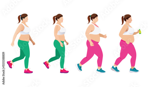 Vector Illustration of a Cartoon Woman in Sportswear Transitioning from Plump to Fit through Jogging, Isolated on White.