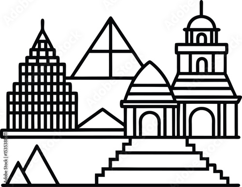 Black and white line art illustration of iconic buildings pyramids and a skyscraper a stylized architectural cityscape