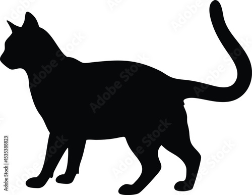Black silhouette of a walking cat with its tail elegantly curved upwards on white background
