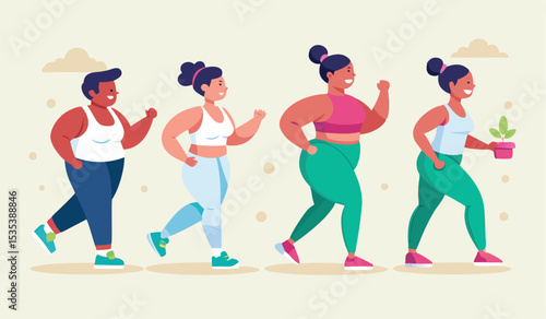 Vector Illustration of a Cartoon Plump Woman in Sportswear Progressing to Slim Fit through Jogging, Isolated on White