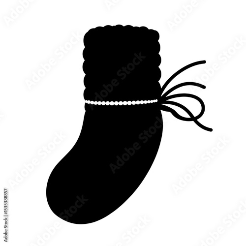 Silhouette of rolled sock with twine on white background, eco-friendly knitwear