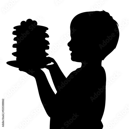 Child silhouette holding pancake stack on white background, joyful meal simplicity