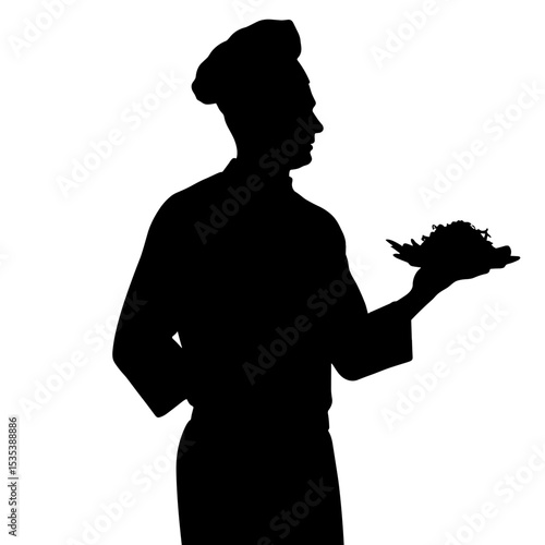 Silhouette of chef presenting dish on white background, healthy cooking simplicity