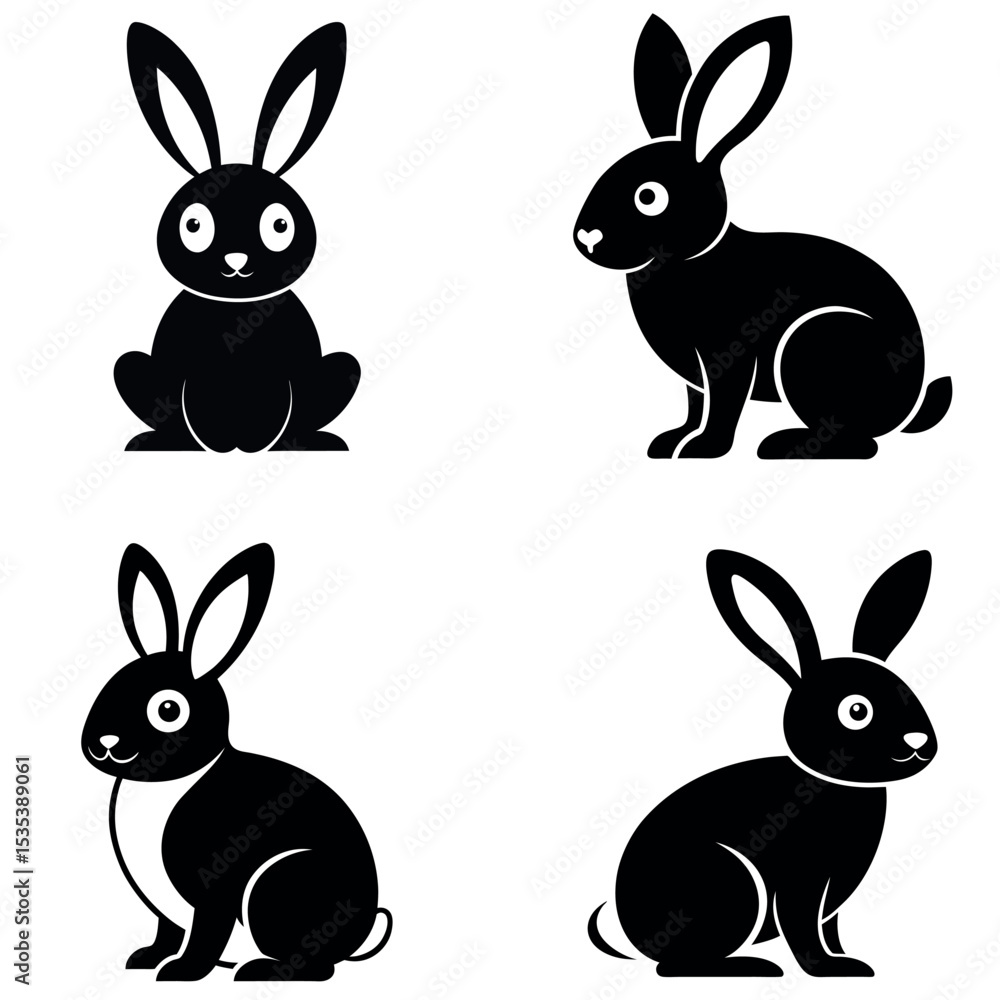 Fototapeta premium Illustration Four Black Rabbit Silhouettes Sitting in Different Positions on a White Background