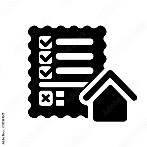 Silhouette of mortgage form with checkmark and house icon, loan approval