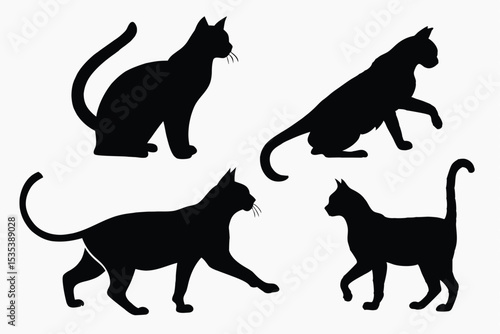 Collection of black cat silhouettes in various poses against a simple white background