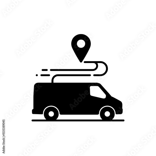 Silhouette van with map pin and motion lines, delivery and fast transit icon