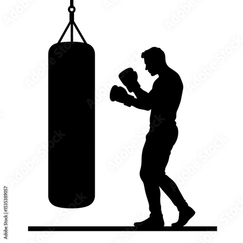 Silhouette of boxer training with punching bag, fitness strength exercise