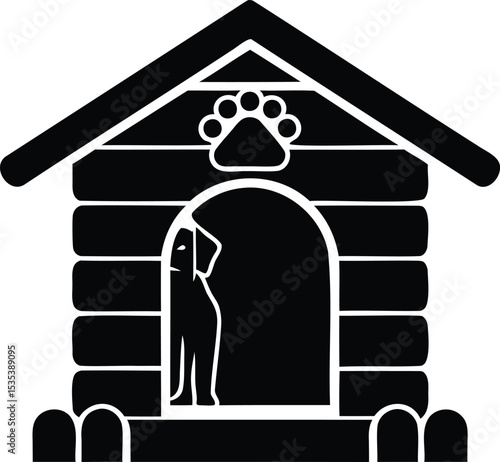Dog house icon with silhouette of dog and paw print – pet shelter or kennel vector illustration
