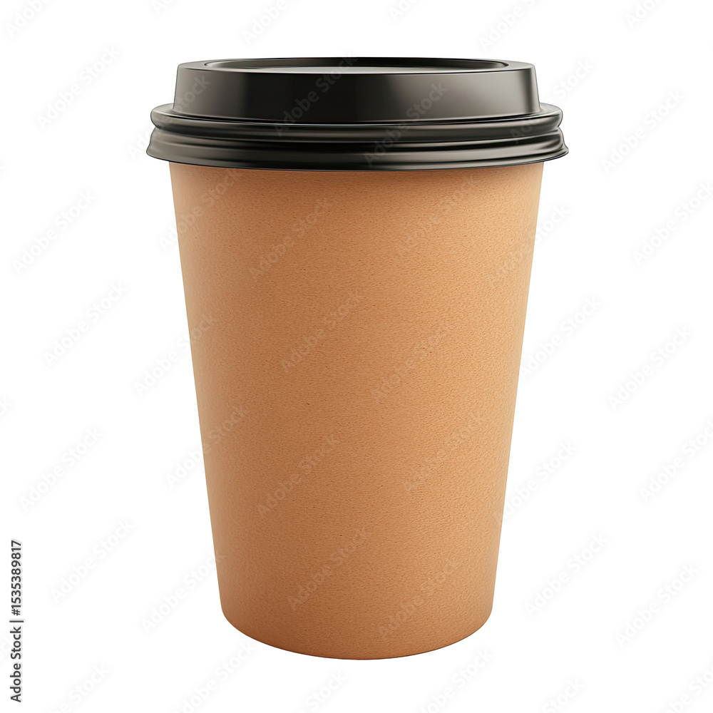 A light brown paper coffee cup with a black lid A light brown paper coffee cup with a black lid
