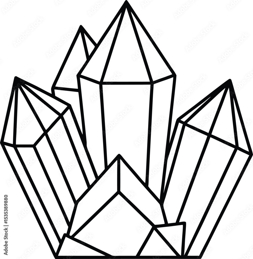 Geometric Crystal Cluster Black Line Art Illustration White Background crystals Geometric Crystal Cluster Black Line Art Illustration White Background crystals