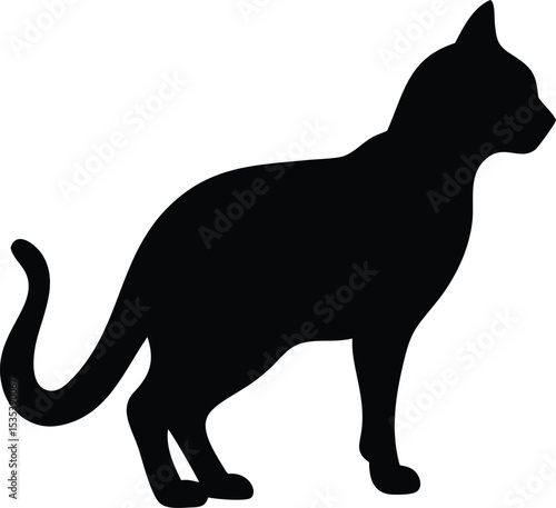 Elegant black cat silhouette standing on white background demonstrating grace and simplicity