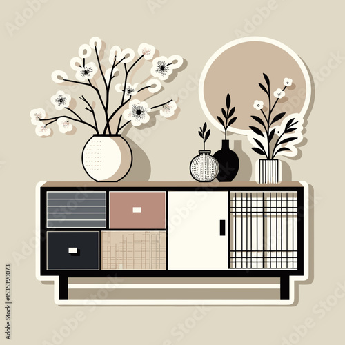 Modern sideboard with decorative vases and flowers in minimalist style  