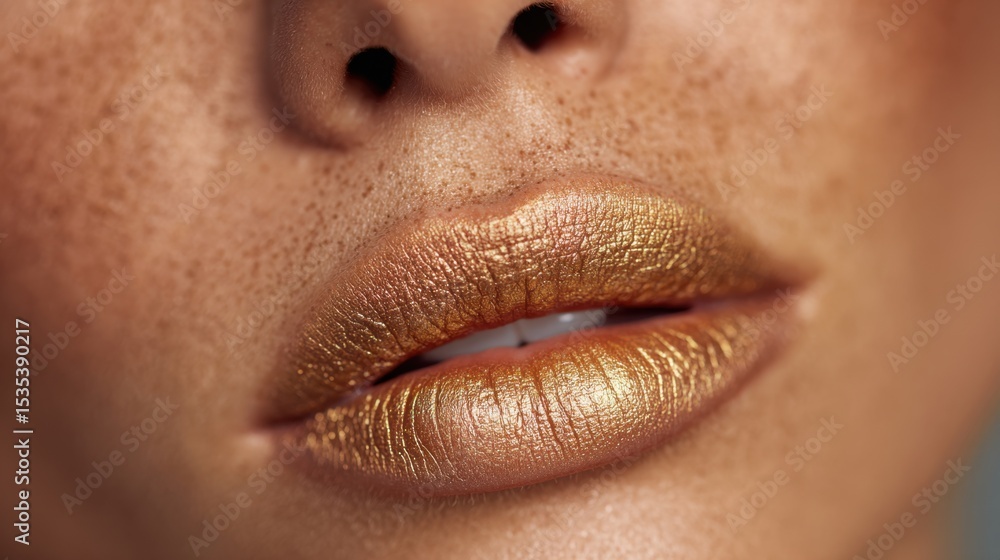 Obraz premium Golden Lip Gloss: Close-up of lush, beautifully painted lips. This intimate shot captures the play of light and color, with detailed freckles adding a touch of natural beauty.