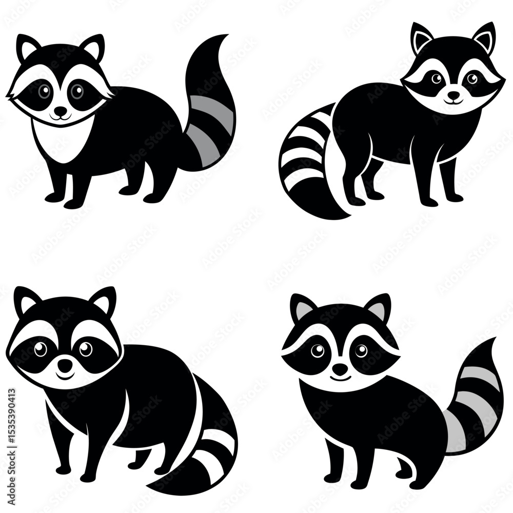 Obraz premium Four Black and White Cartoon Raccoon Illustrations with Striped Tails on White Background