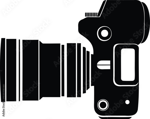 DSLR camera top view with lens – black silhouette vector for photography and digital gear icon